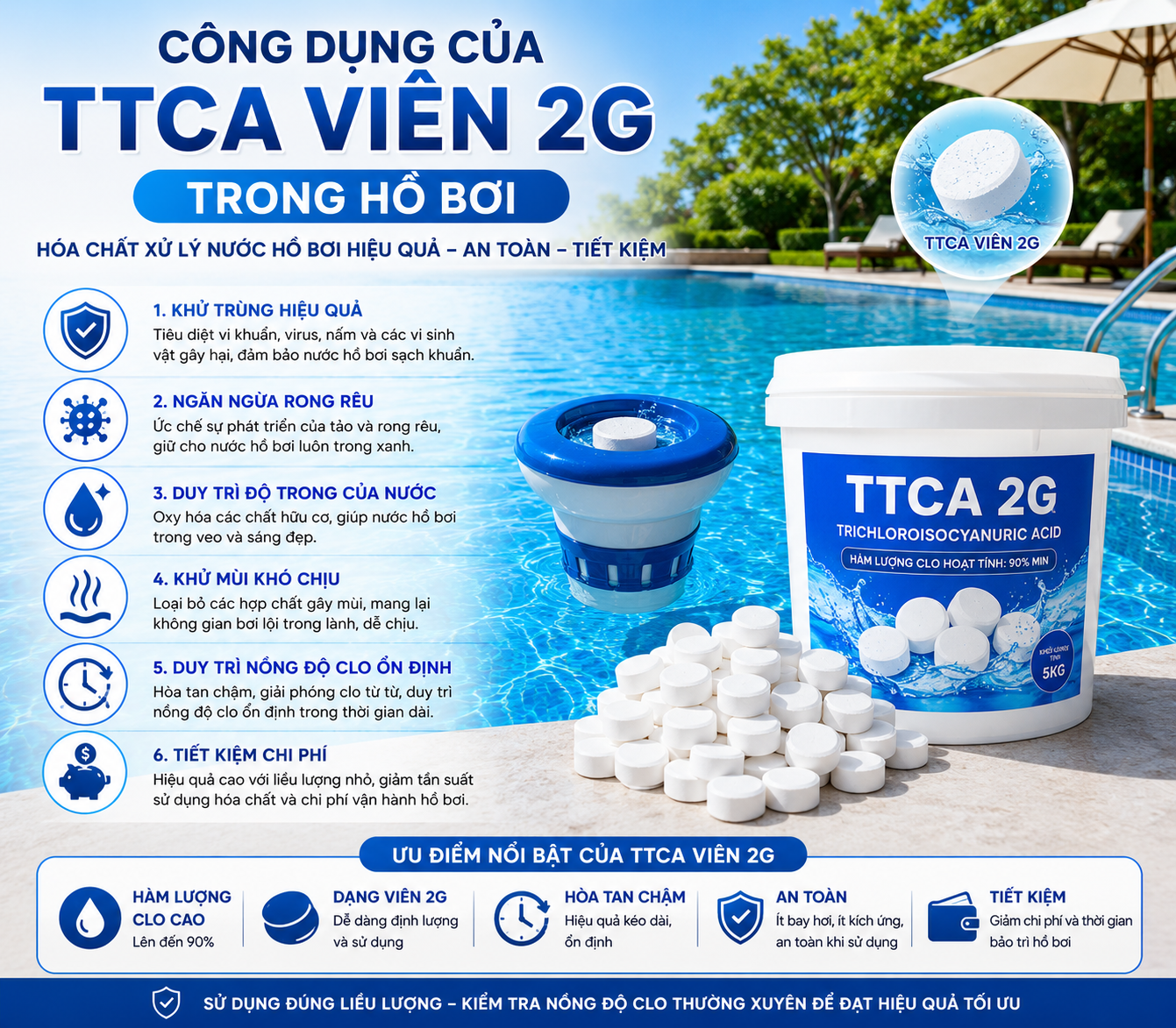 Công dụng của TTCA trong hồ bơi