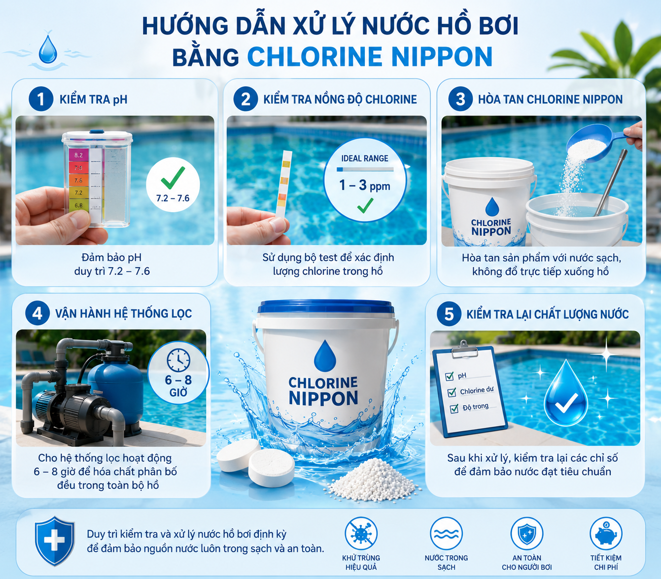 Hướng Dẫn Xử Lý Nước Hồ Bơi Bằng Chlorine NIPPON