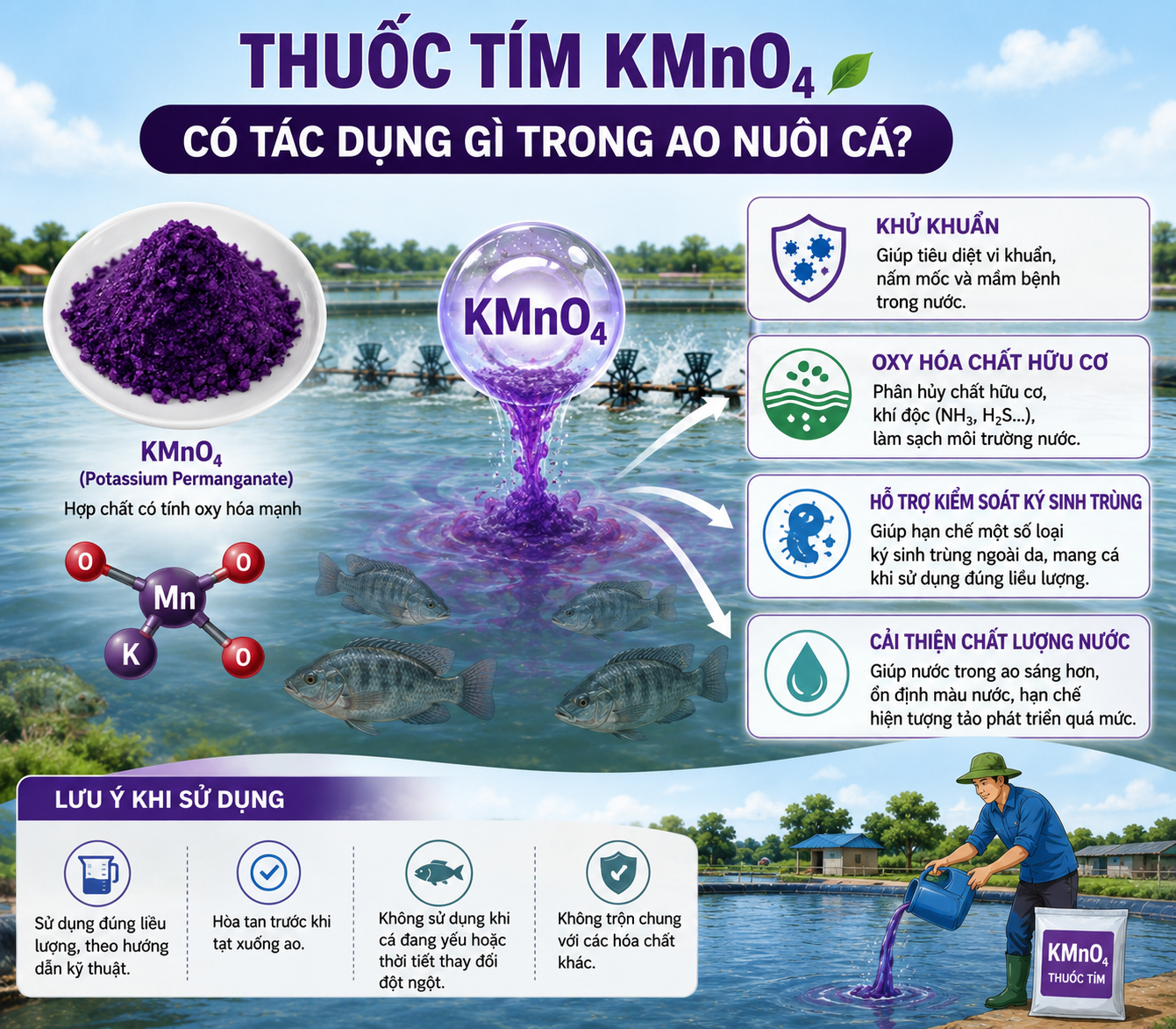 Thuốc tím KMnO₄ có tác dụng gì trong ao nuôi cá