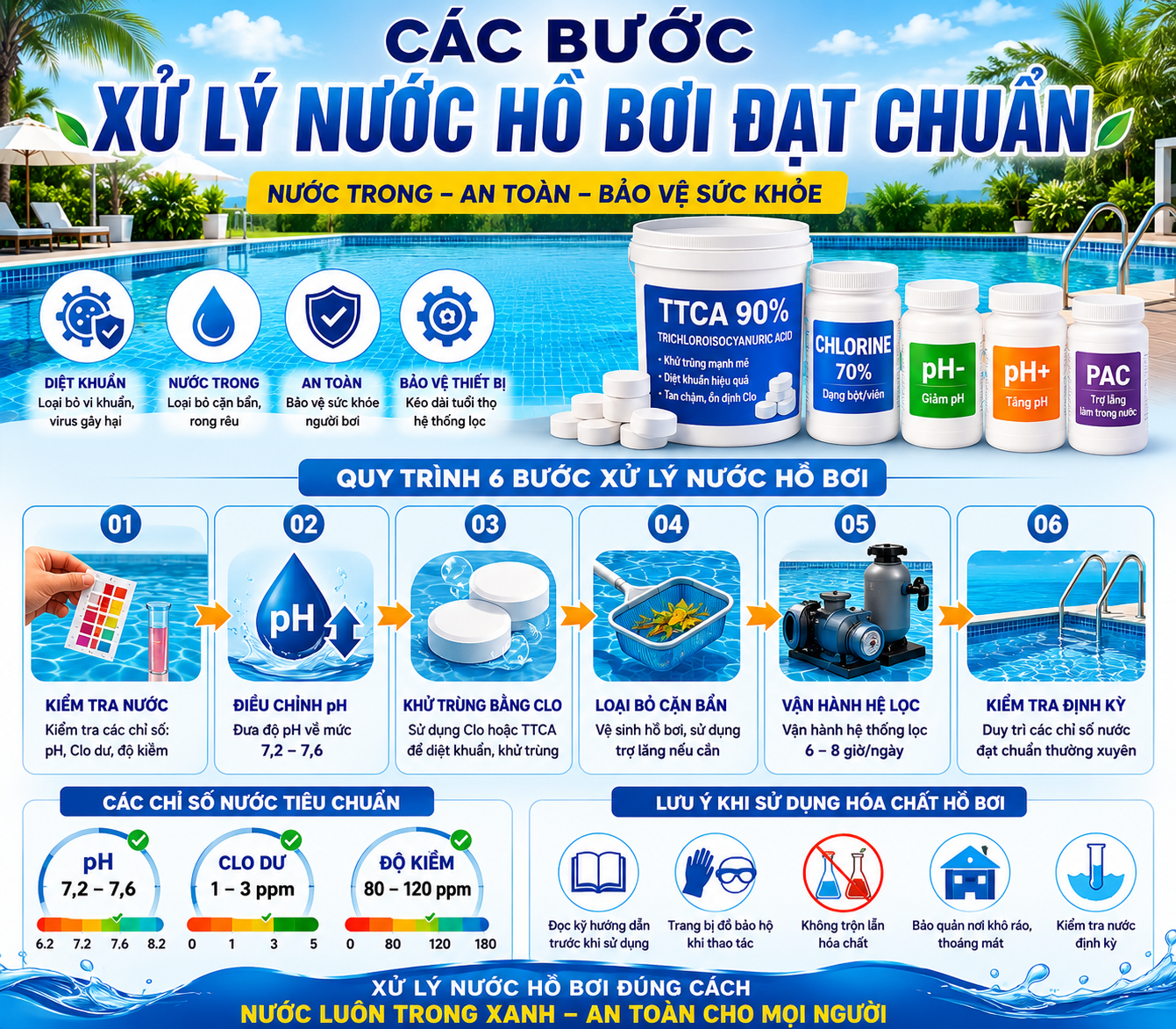 các bước xử lý nước hồ bơi đạt chuẩn