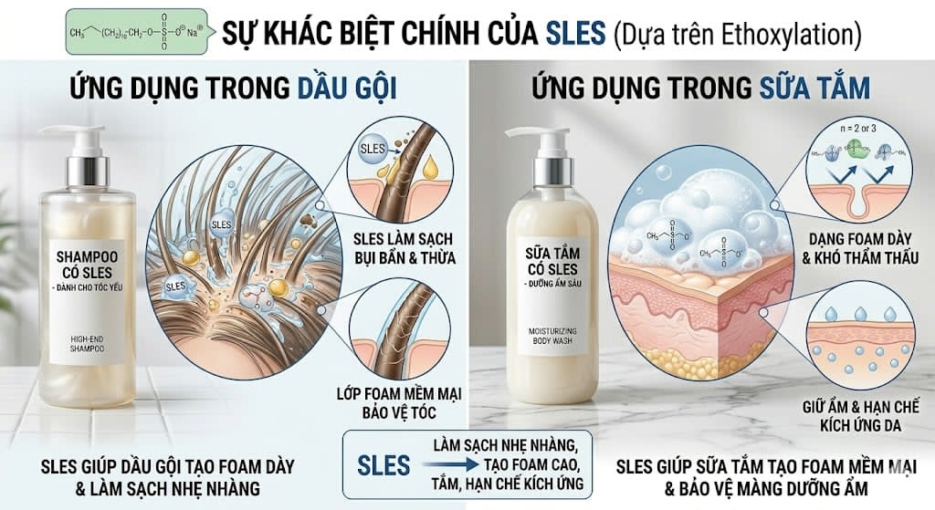 SLES có trong dầu gội và sữa tắm