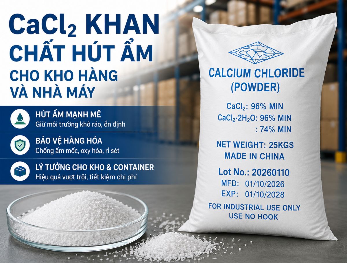 Calcium Chloride Anhydrous (CaCl₂ khan) &ndash; Giải ph&aacute;p chất h&uacute;t ẩm hiệu quả cho kho h&agrave;ng v&agrave; nh&agrave; m&aacute;y