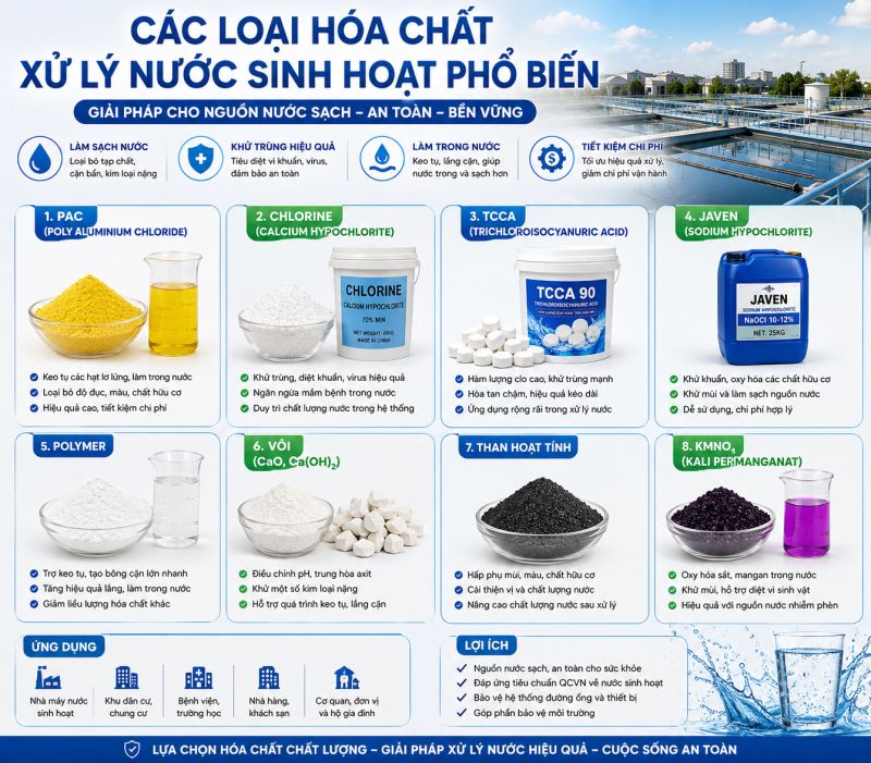 C&aacute;c Loại H&oacute;a Chất Xử L&yacute; Nước Sinh Hoạt Phổ Biến