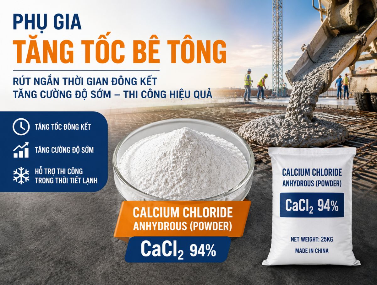 Phụ Gia Tăng Tốc B&ecirc; T&ocirc;ng &ndash; Giải Ph&aacute;p R&uacute;t Ngắn Thời Gian Đ&ocirc;ng Kết Với Calcium Chloride Anhydrous (Powder) CaCl₂ 94%