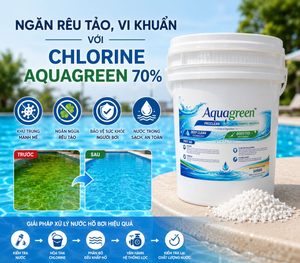 Ngăn R&ecirc;u Tảo, Vi Khuẩn Với Chlorine Aquagreen 70%